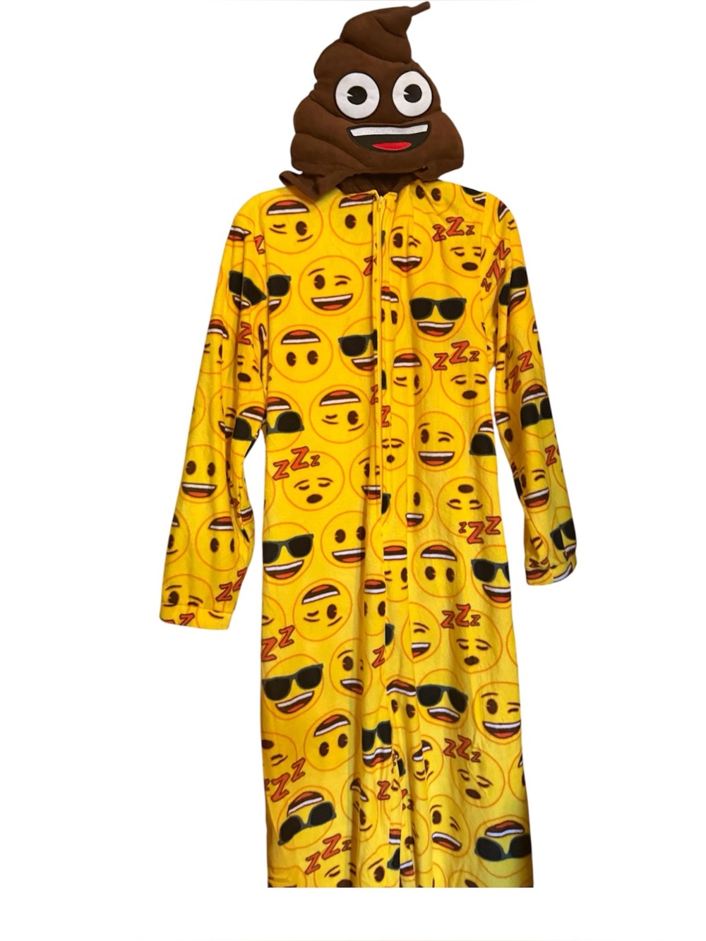 Emoji Print Yellow osfm longsleeve hooded Pajamas onesie Novelty Brown Poop